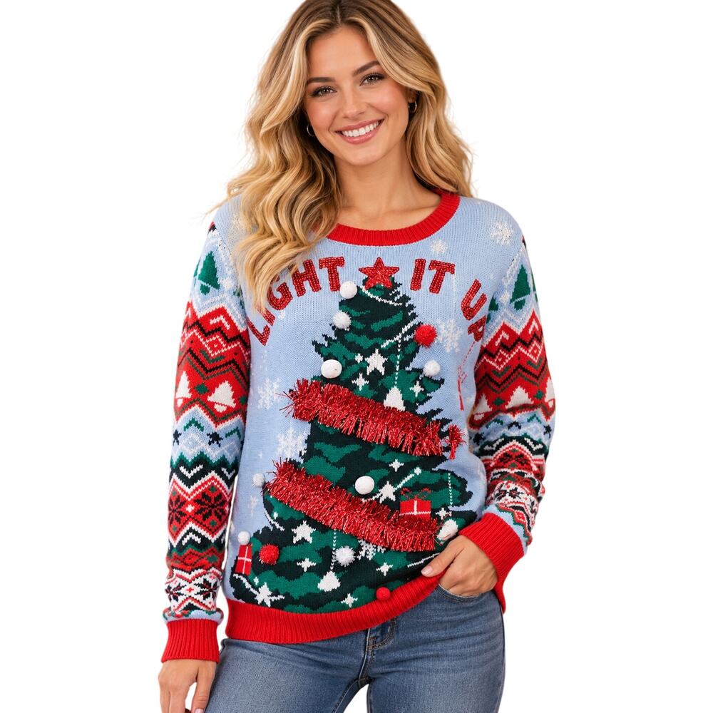 3D ugly Christmas sweater tree knit colorful long sleeve winter holiday fun M